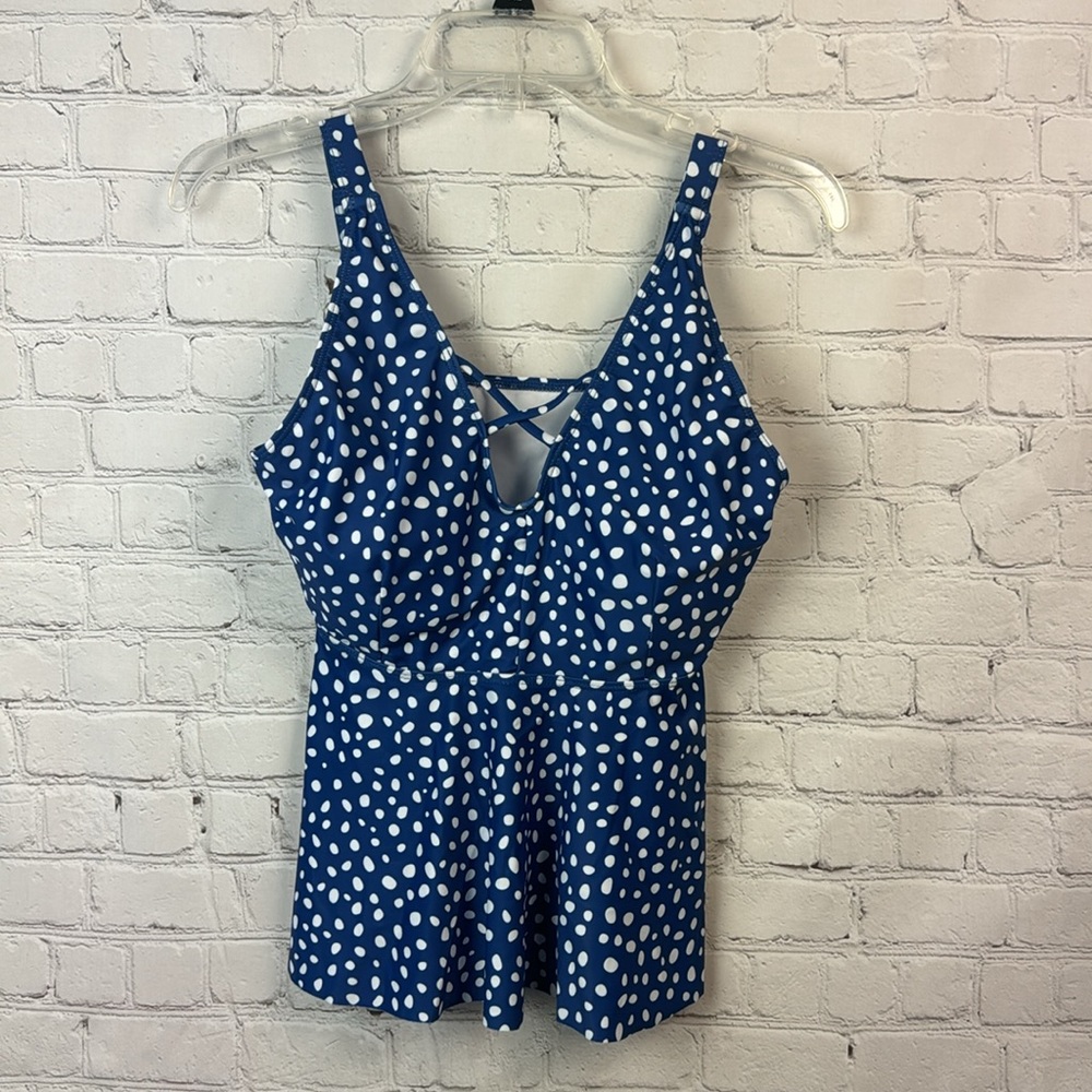 BloomChic Blue & White Polka Dot Ruffle Hem Crisscross Neck Tankini Top … - Picture 2 of 7